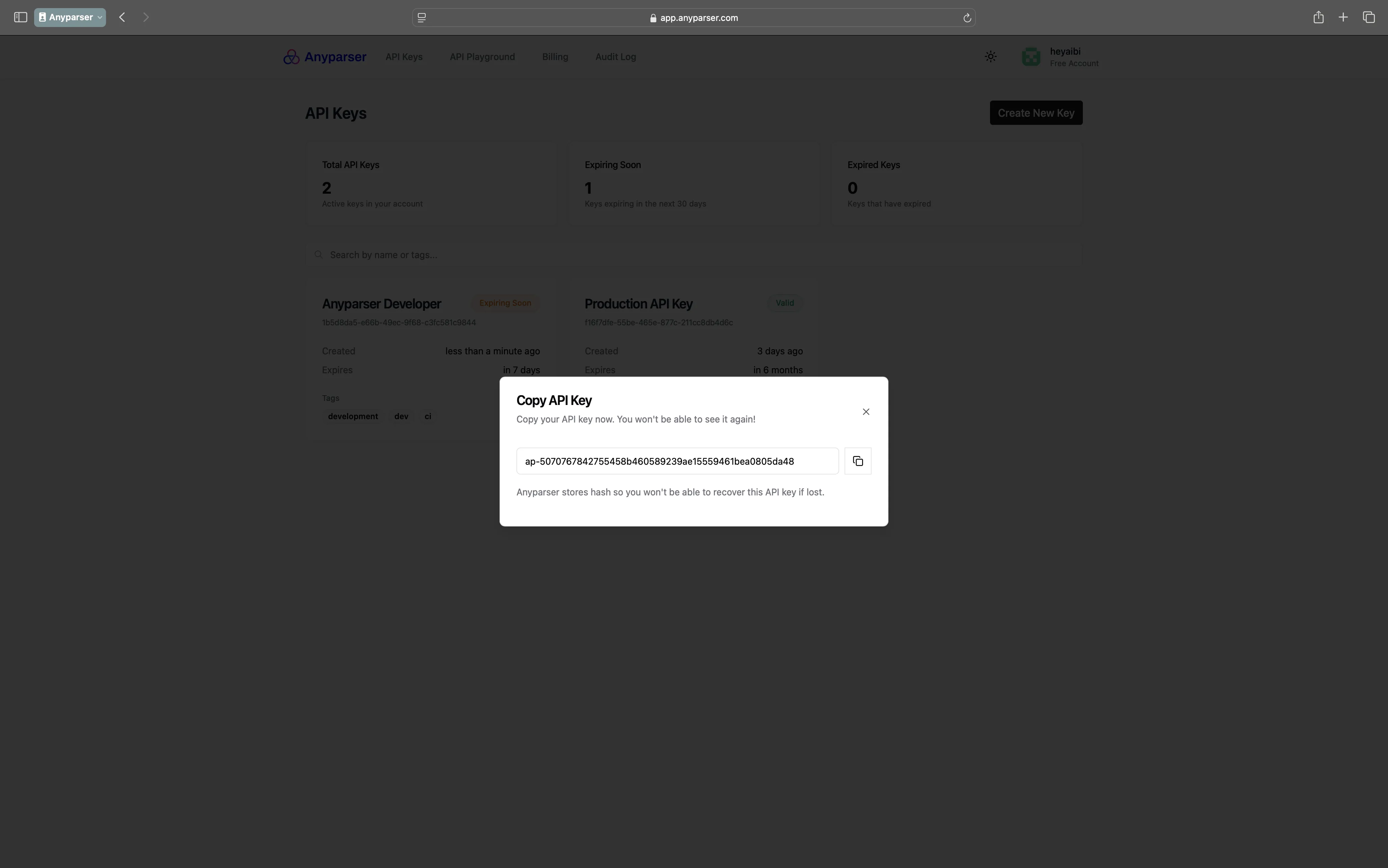 Copy API key dialog showing the key value