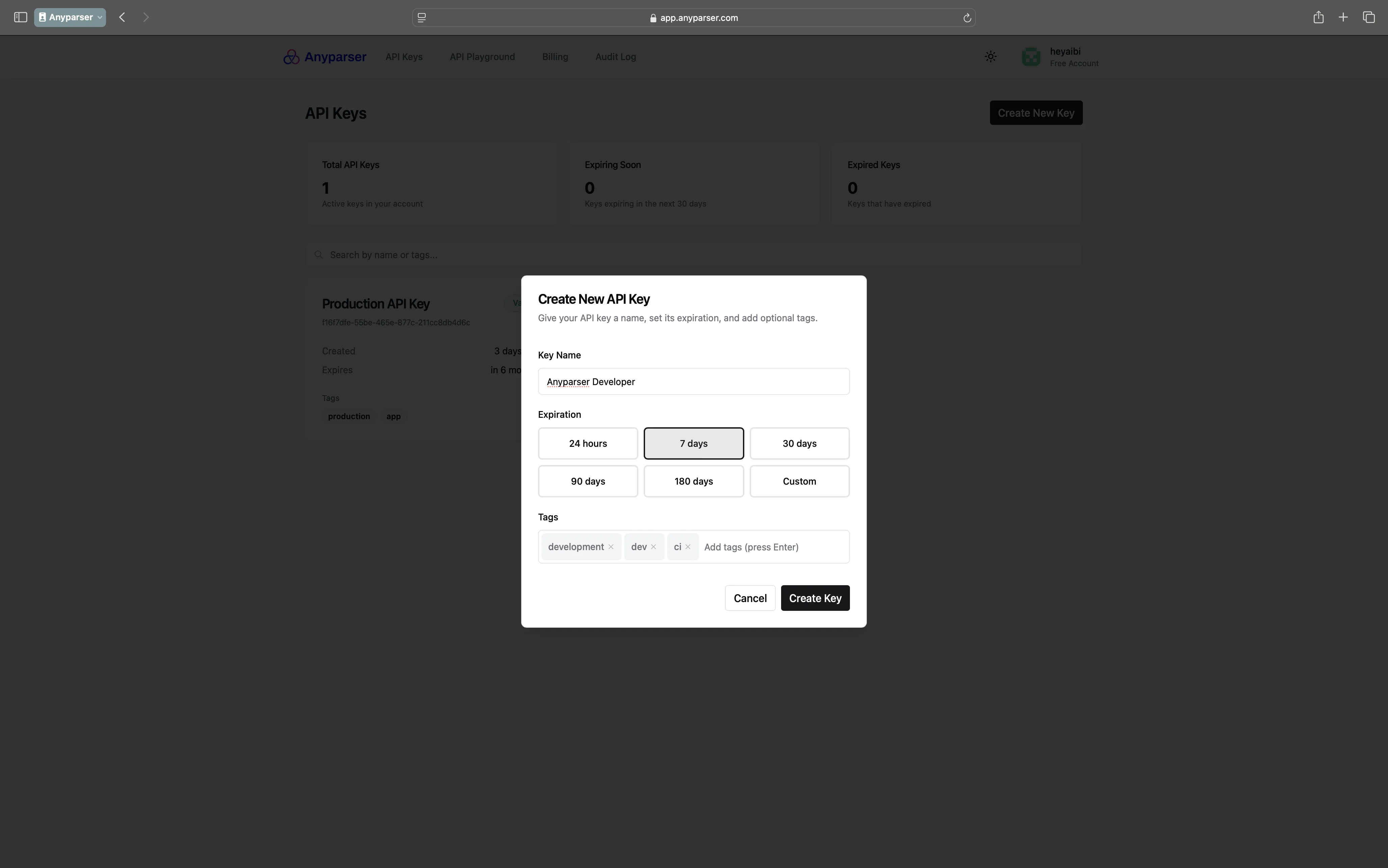 Create new API key dialog with name, expiration, and tag options