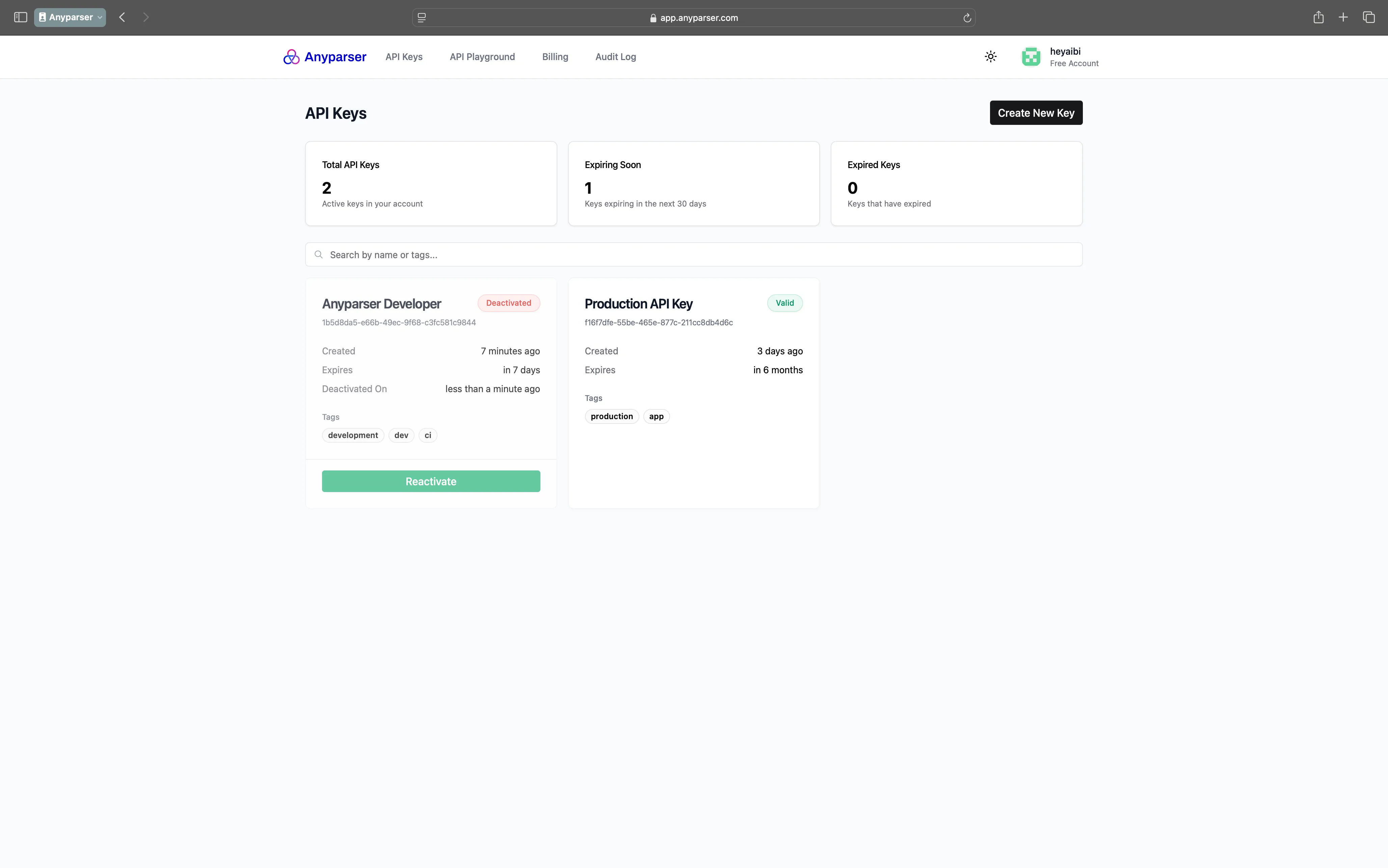 Reactivate API key button on a deactivated key