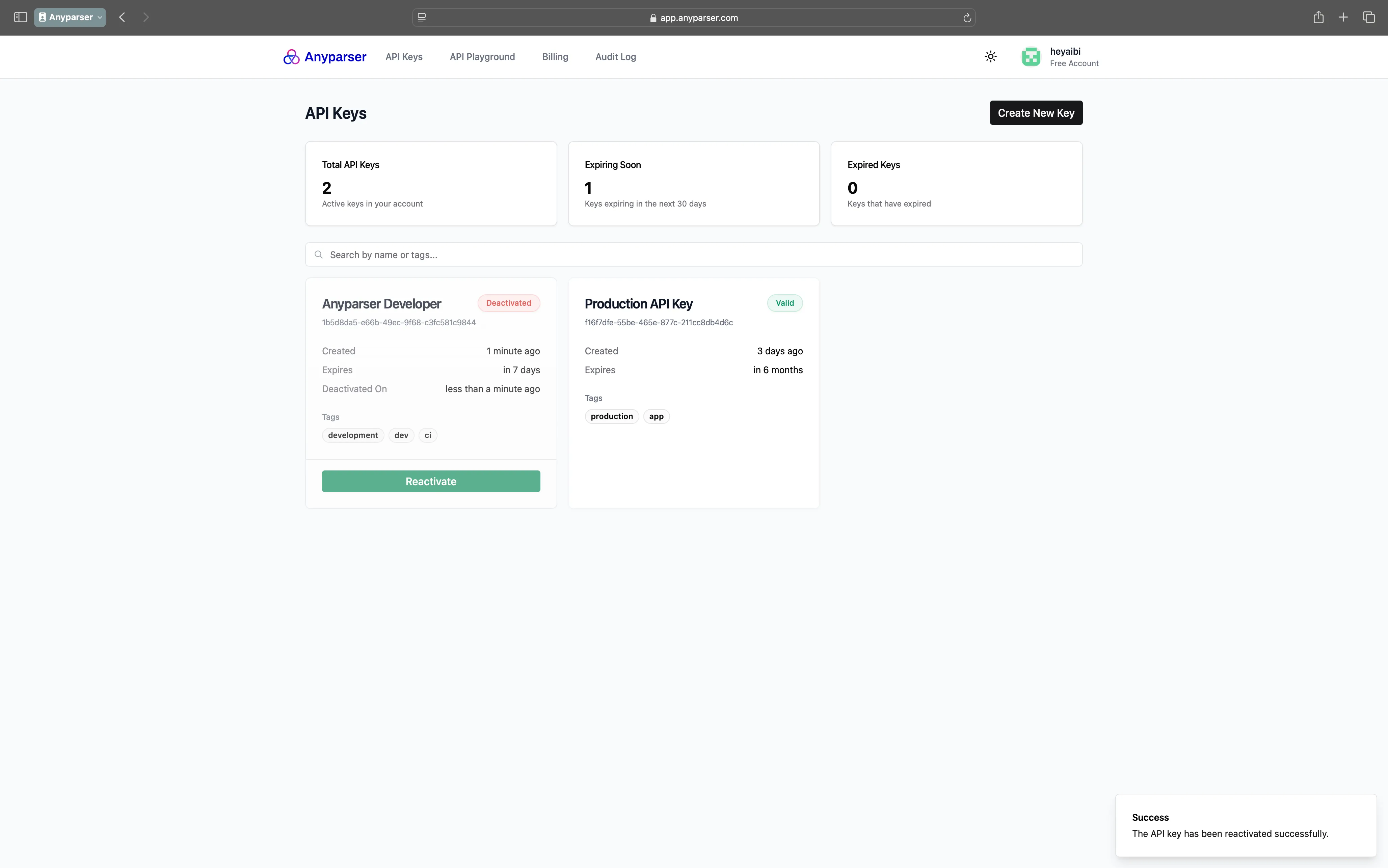 Successful API key reactivation message