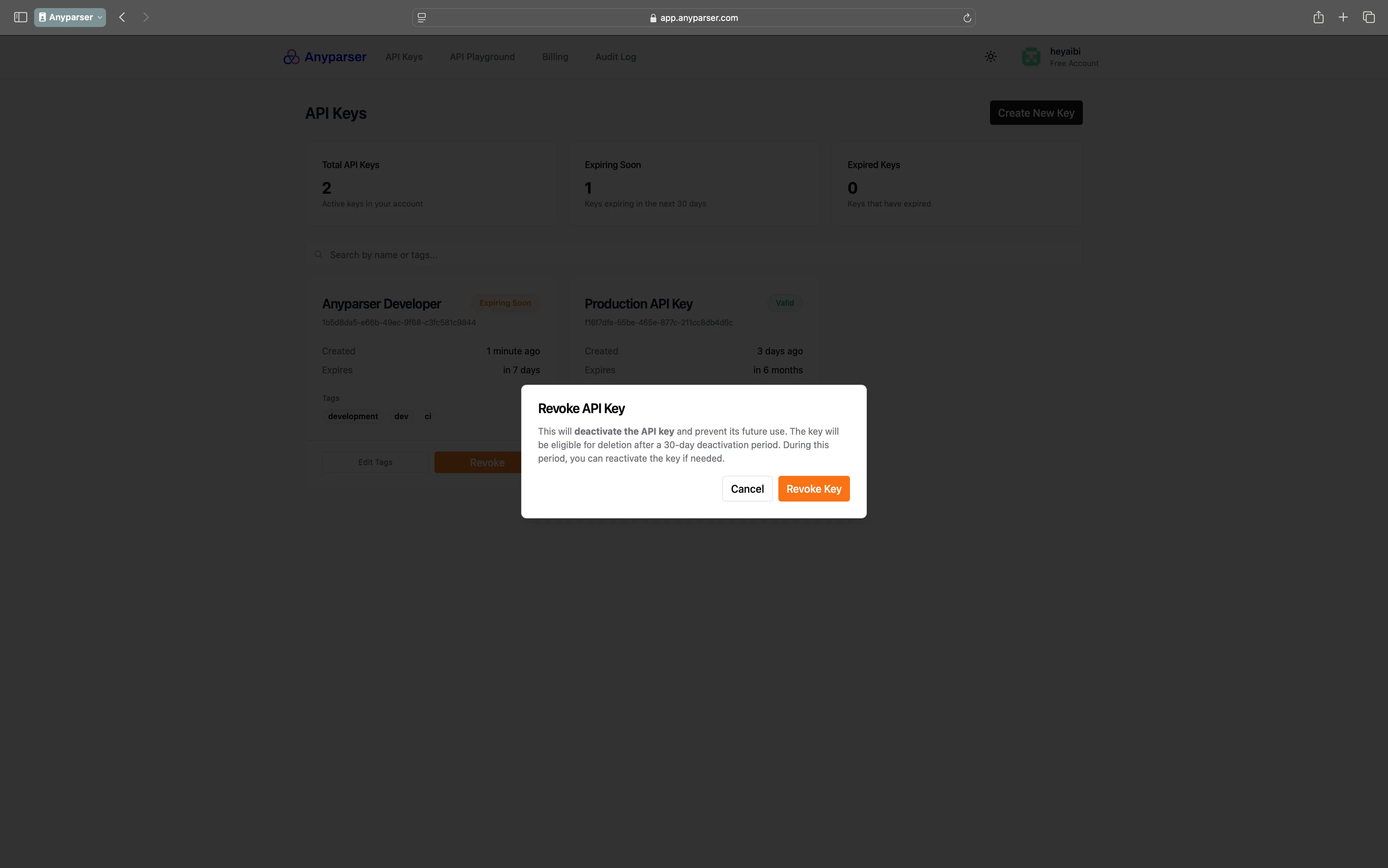 Revoke API key confirmation dialog