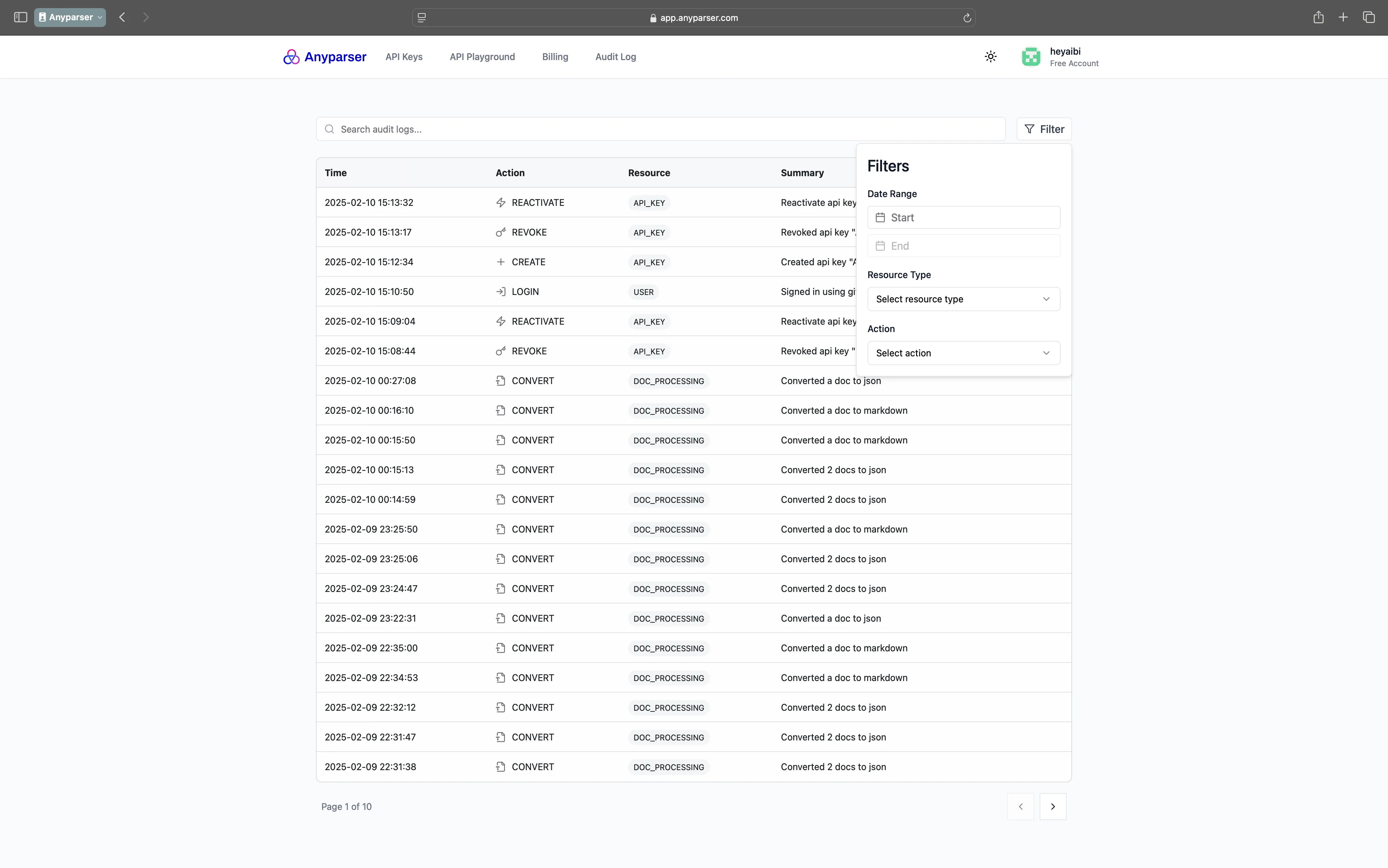 Audit logs showing account activity
