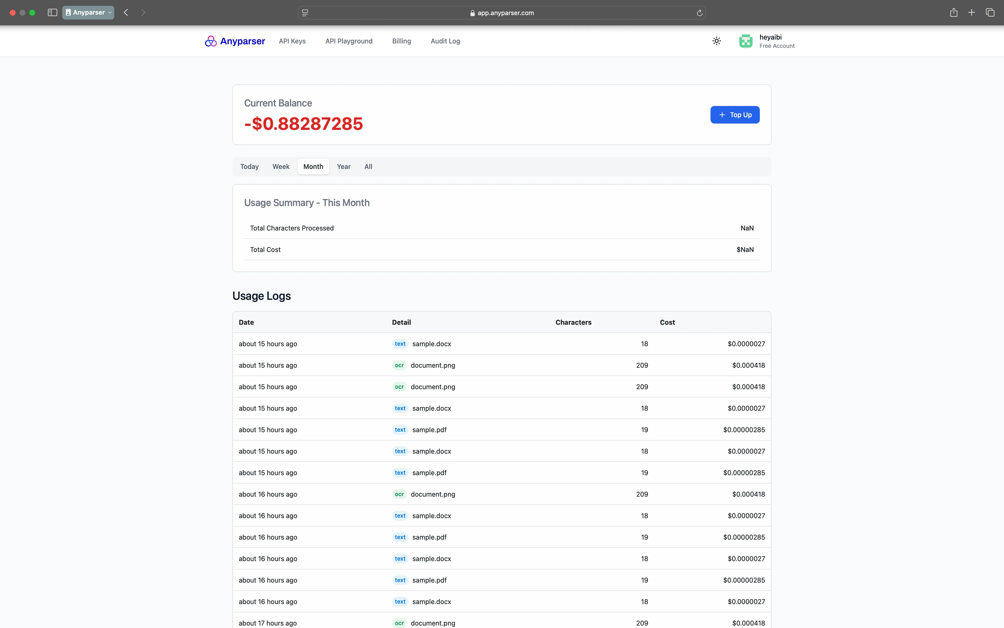 Billing page showing usage and current balance