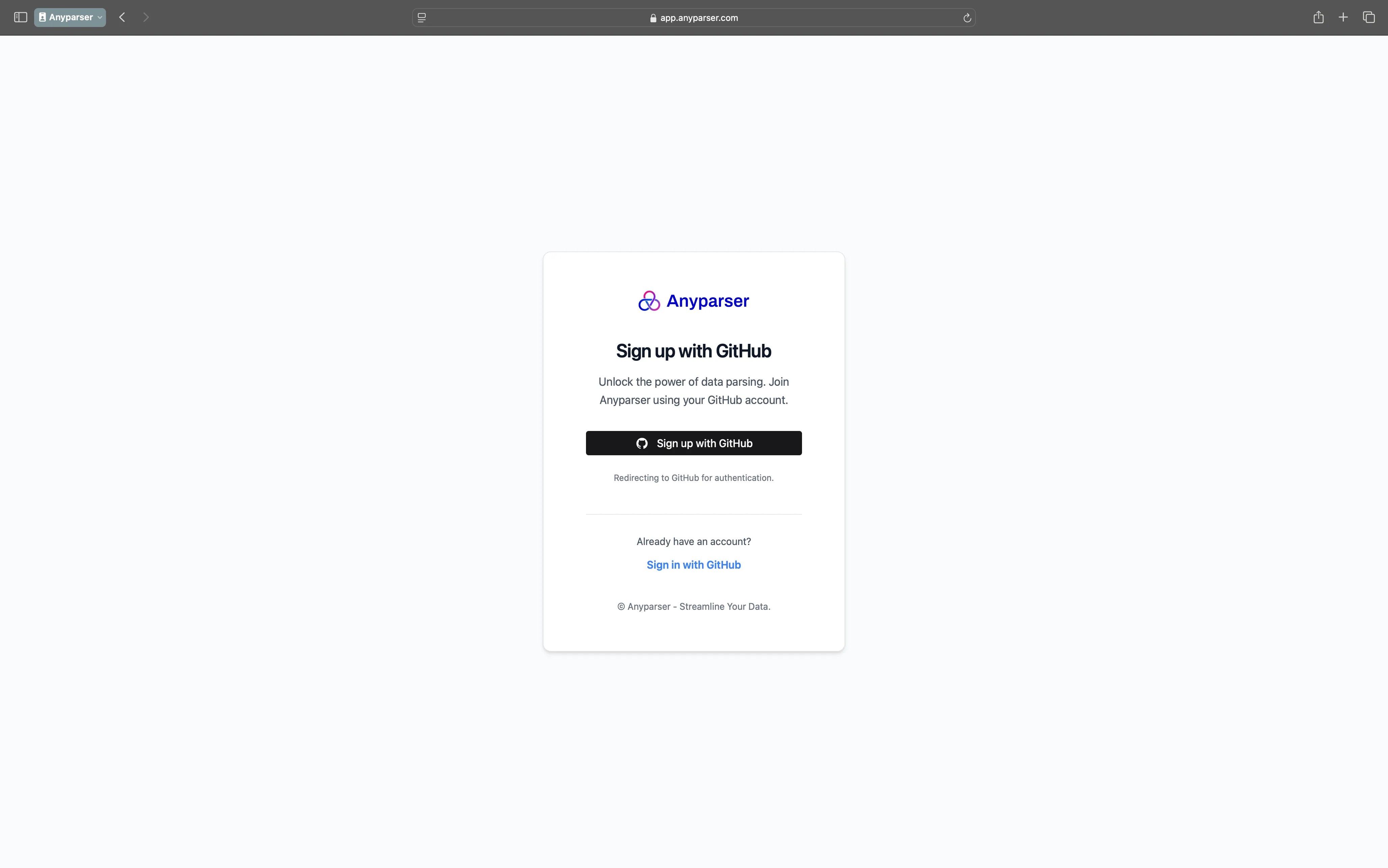 Sign up page with GitHub authentication option